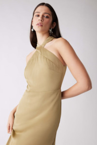 Esmaee: Sevilla Olive High Neck Sleeveless Midi Dress