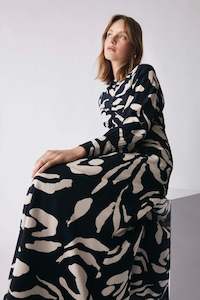 Soiree Black Pattern Front Button LS Maxi Dress