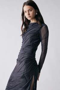 Marble Charcoal Print Mesh LS Midi Dress