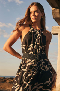 Sandy Wave Black Print High Neck Midi Dress