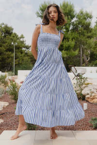 Isabella Bright Blue Stripe Strappy Tiered Maxi Dress