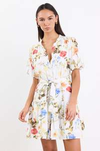 Ivy Jack: Delphi Cream Garden Print Drop Waist Belted Mini Dress