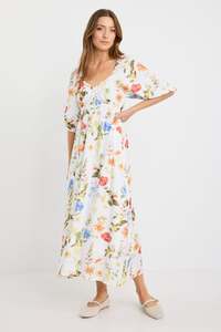 Posy Cream Garden Print Sweetheart Puff Sleeve Midi Dress