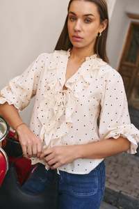 Garnish Cream Black Polka Dot Frill Front Mid Sleeve Top