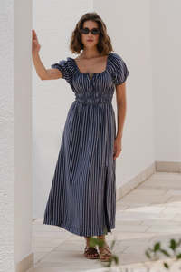 Support Local Clothing: Roma Navy Stripe SS Poet Midi Dress