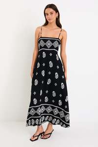 Black Dresses: Sundeck Black Border Print Strappy Maxi Dress