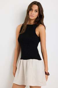 Black Dresses: Laurel Black Natural Sleeveless Shirred Bodice Mini Dress