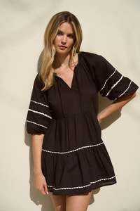 Black Dresses: Again Black SS Tiered Smock Dress