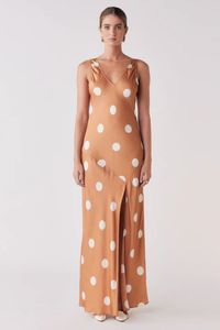 Esmaee: Penny Toffee Spot Sleeveless Satin Midi Slip Dress