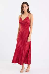 Ethical Fair: Otherworldly Red Polka Dot Satin Bias Slip Midi Dress