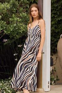 Singe Chocolate Zebra Strappy Back Tie Maxi Dress