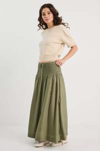 Byron Olive Linen Shirred Waist Maxi Skirt