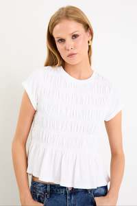Neat White Slub Shirred Detail SS Tee