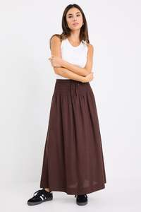 Byron Chocolate Linen Blend Shirred Waist Maxi Skirt