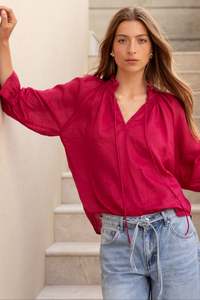 Back In Stock: Expedition Raspberry Shirred Neck Short Sleeve Top