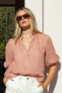 Back In Stock: Closure Blush Ramie High Neck Buttoned SS Top