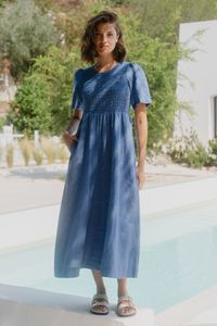 Back In Stock: Wren Cornflower Blue Linen SS Shirred Bodice Midi Dress