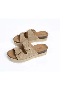 Slides: Natural Linen Double Buckle Platform Slide
