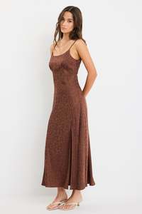 Autumn Tones: Dallas Chocolate Leopard Satin Jacquard Strappy Midi Dress