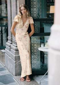 Marena Cream Floral Midi Lace V Neck Flutter Sleeve Midi Dress