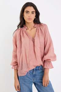 Odyssey Blush Shirred Neck Button Long Sleeve Top