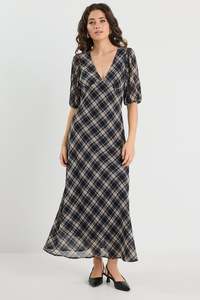 Amora Black Check Chiffon SS Bias Midi Dress