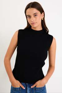 Heroic Black Sleeveless Funnel Neck Rib Knit Top