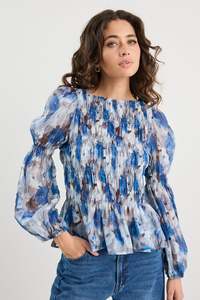 Ethical Fair: Required Sky Blue Floral LS Shirred Bodice Top