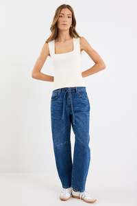 Campus Deep Blue Tie Waist Barrel Jeans