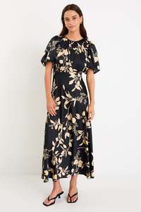 Stage Black Beige Floral Satin Puff Sleeve Floaty Maxi Dress