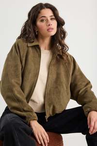 Troupe Khaki Faux Suede Zip Through Bubble Hem Jacket