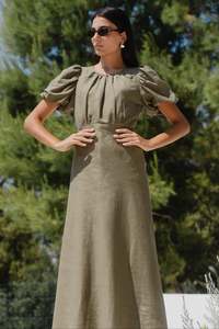 Autumn Tones: Stage Khaki Linen Blend Puff Sleeve Floaty Maxi Dress
