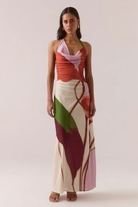 Autumn Tones: Kalea Multi Botanic Cowl Neck Mesh Halter Maxi Dress