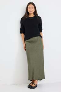 Autumn Tones: Bliss Soft Khaki Linen Bias Midi Skirt