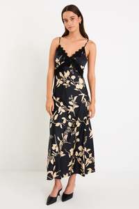 Autumn Tones: Region Black Beige Floral Satin Lace Trim Maxi Dress