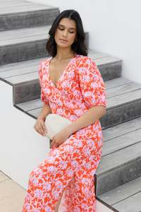 Dress Boot Sale: Amora Pink Floral Shadows SS Bias Midi Dress