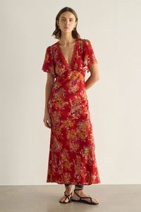 Calais Red Floral Flutter Sleeve Lace V Neck Midi Dress