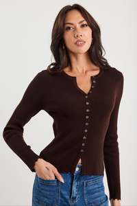 Ivy Jack: Ditto Chocolate Button Front Rib Knit Long Sleeve Top