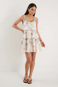 Rhythm Ivory Sketch Floral Strappy Tiered Mini Dress