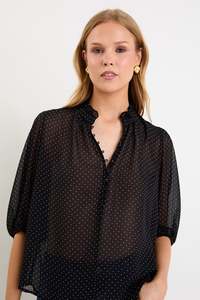 Closure Black Mini Polka Dot High Neck Buttoned SS Top
