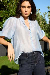 Ivy Jack: Continuance Pale Blue High Neck Buttoned SS Top