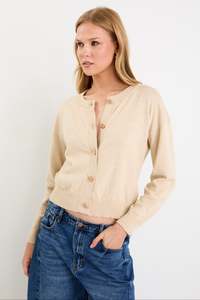 Delight Champagne Cotton Cashmere Fine Knit Crew Cardigan