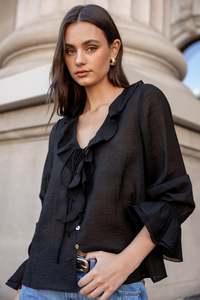 Among The Brave: Bohemian Black Sheer Frill Front Blouse