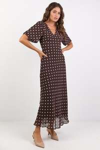 Aura Chocolate Polka Dot Puff Short Sleeve Bias Midi Dress