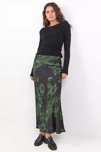 Prodigy Green Shadow Garden Satin Bias Cut Maxi Skirt