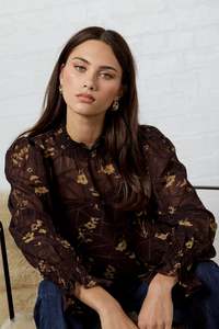 Affection Chocolate Butter Floral Shirred High Neck LS Top