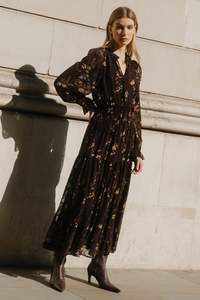 Addition Chocolate Butter Floral Long Sleeve Shirred Waist Tiered Maxi Dress