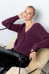 Essence Plum V Neck Rib Knit Cardigan