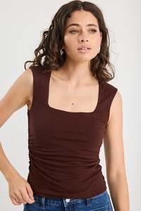 Affirmation Chocolate Ruched Square Neck Sleeveless Top