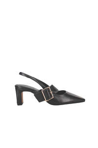 Heels: Oslo Black Leather Point Buckle Strap Pump
